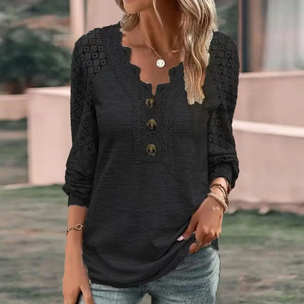 

Women V-neck Top Long Sleeve Women Top Chic Lace V Neck Women's T-shirt Stylish Hollow Out Button Decor Soft for Spring