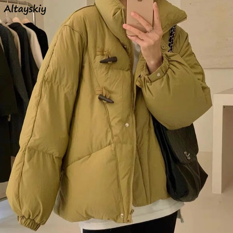 

Parkas Women Korean Style Retro Thicker Loose Horn Button Solid Warm Winter Warm Jackets Zipper Casual Fashion Streetwear Loose