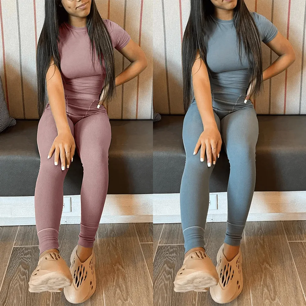 Casaul Women Tracksuit 2 Piece Set Knit Ribbed Solid Color Bodycon Sportsuit Clothes For Women Outfit