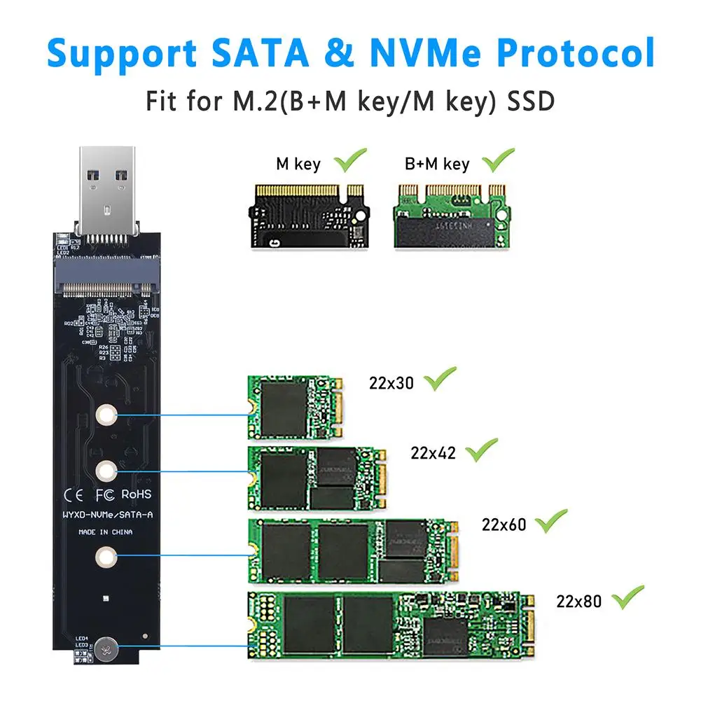 Адаптер M.2 NVMe NGFF к USB с двумя протоколами SATA M2 SSD-плата USB3.1 10 Гбит/с A-конвертер для