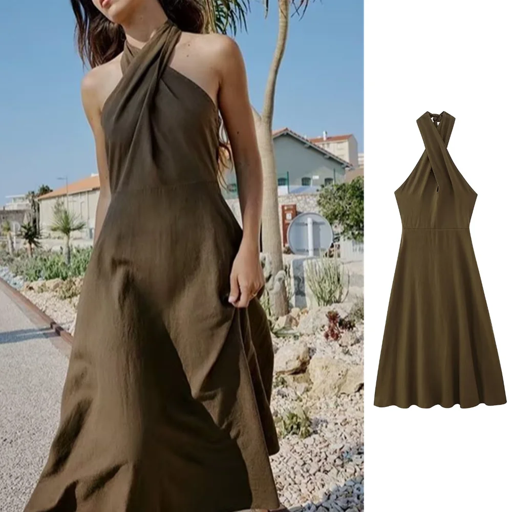 

UNIZERA 2023 Summer New Women's V-neck Wide Sleeve Pleated Long Dress with Embroidery Ball embellishments Cotton Midi Dress 6895