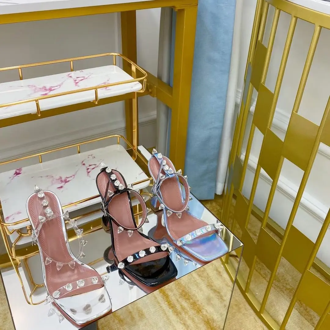 

Женские туфли-лодочки из ПВХ, прозрачные, с открытым носком, на высоком каблуке-шпильке, с шипами, со стразами, повседневная Дизайнерская обувь, на лето