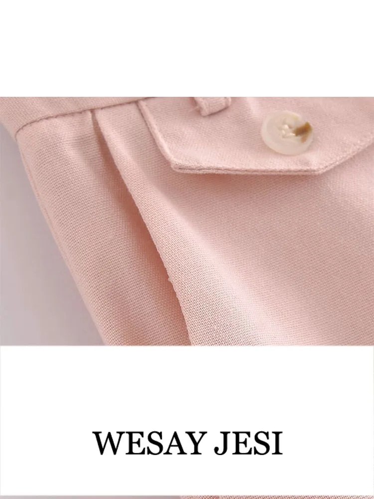 WESAY JESI TRAF Women Fashion Pink Pockets Office Wear Wide Leg Pants Vintage High Waist Zipper Fly Chic Trousers Pantalones images - 6