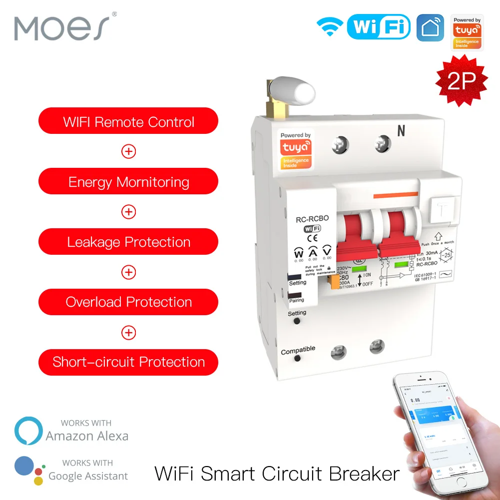 

WiFi Smart Circuit Breaker Energy Monitoring Remote Control Overload Circuit Protection Smart Life App Alexa Google Compatible