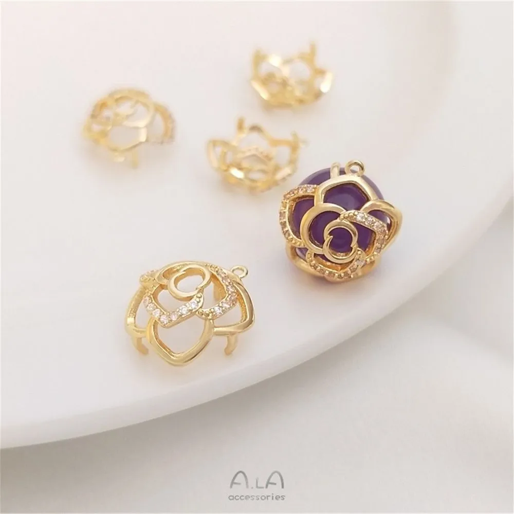 

1Pcs 14K Bag Gold Micro inlaid zircon rose bag round bead Holder Pendant hand DIY inlaid crystal pearl empty holder