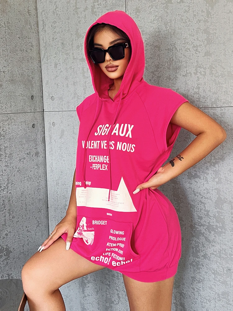 

YIKUO 2022 Fashion Letter Print Oversized Hoodie Women Casual Sleeveless Loose Hipster Hip Wrap Dress Streetwear Female Clothing