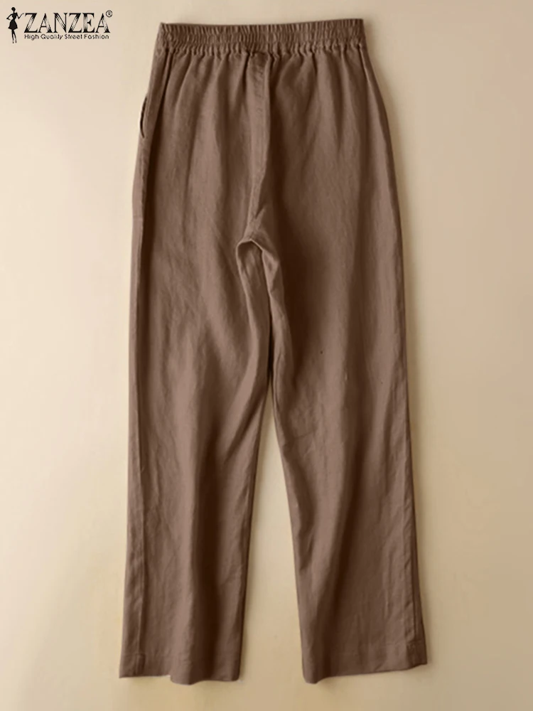 

2022 ZANZEA Woman Summer Pants New Cotton Ankle Length Solid Color Trouser Femme Fashion Causal Oversized Elastic Waist Pantalon