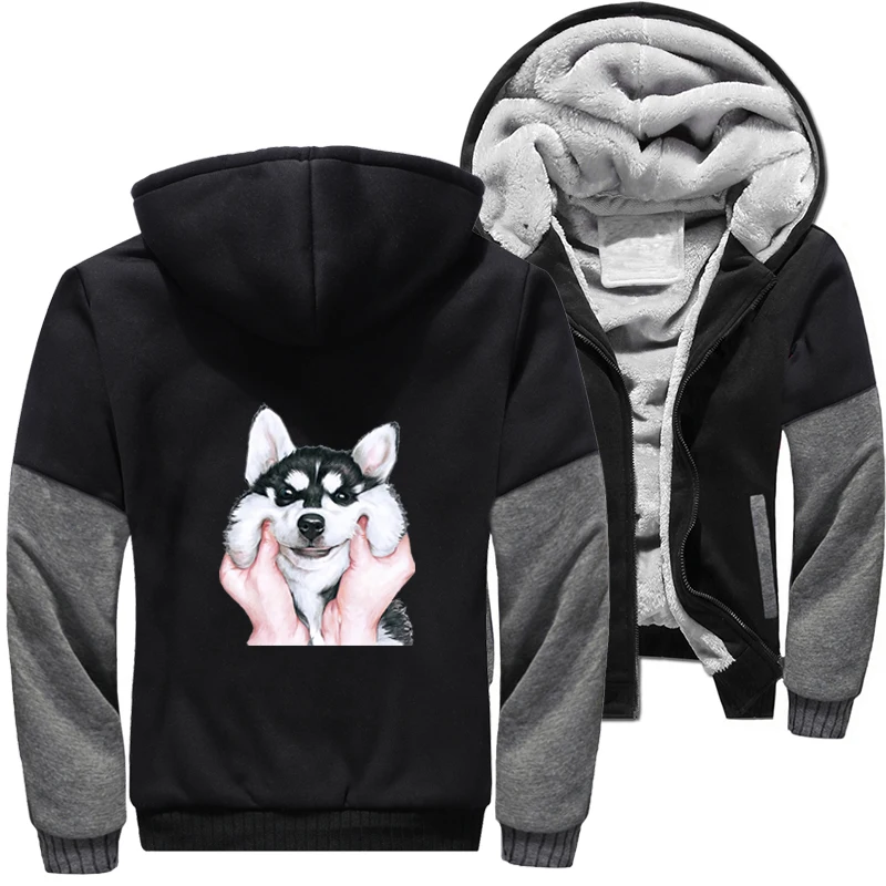 

Siberian Husky Funny Kawaii Cute Jackets For Men Winter Fleece Jacket Zipper Hoodie Thicken Hoodies Sweatshirts Coats Clothing