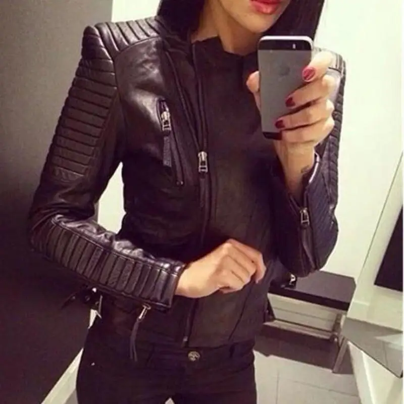 Ladies Leather Jackets 2023 PU Black Slim Moto Bikers Jacket Women Long Sleeved Zipper Punk Tops Autumn Outerwear Leather Coats