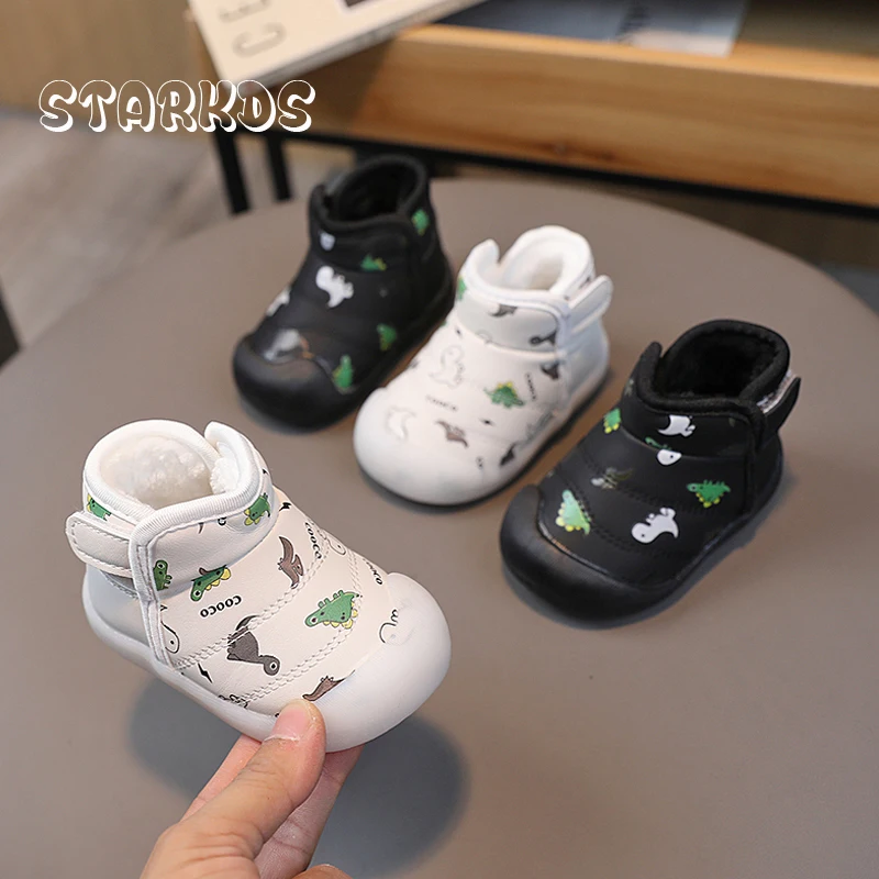 Little Kids Snow Boots Ultra Soft Dinosaur Print Short Booties Boys Girls Warm Plush Leatherette Botas First Walkers Winter Shoe