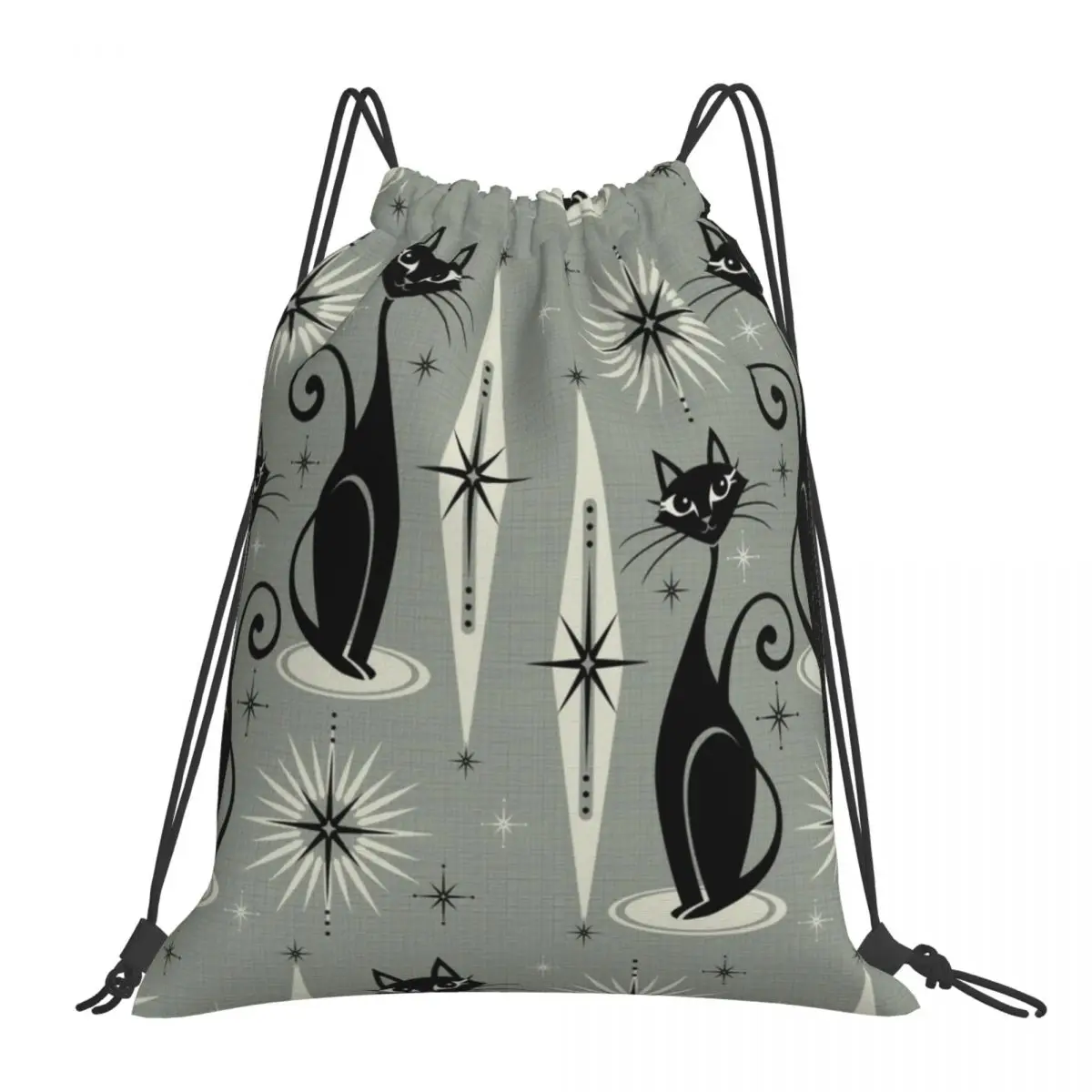 

Mid Century Meow On Gray Backpacks Fashion Portable Drawstring Bags Drawstring Bundle Pocket Storage Bag Book Bags For Man Woman