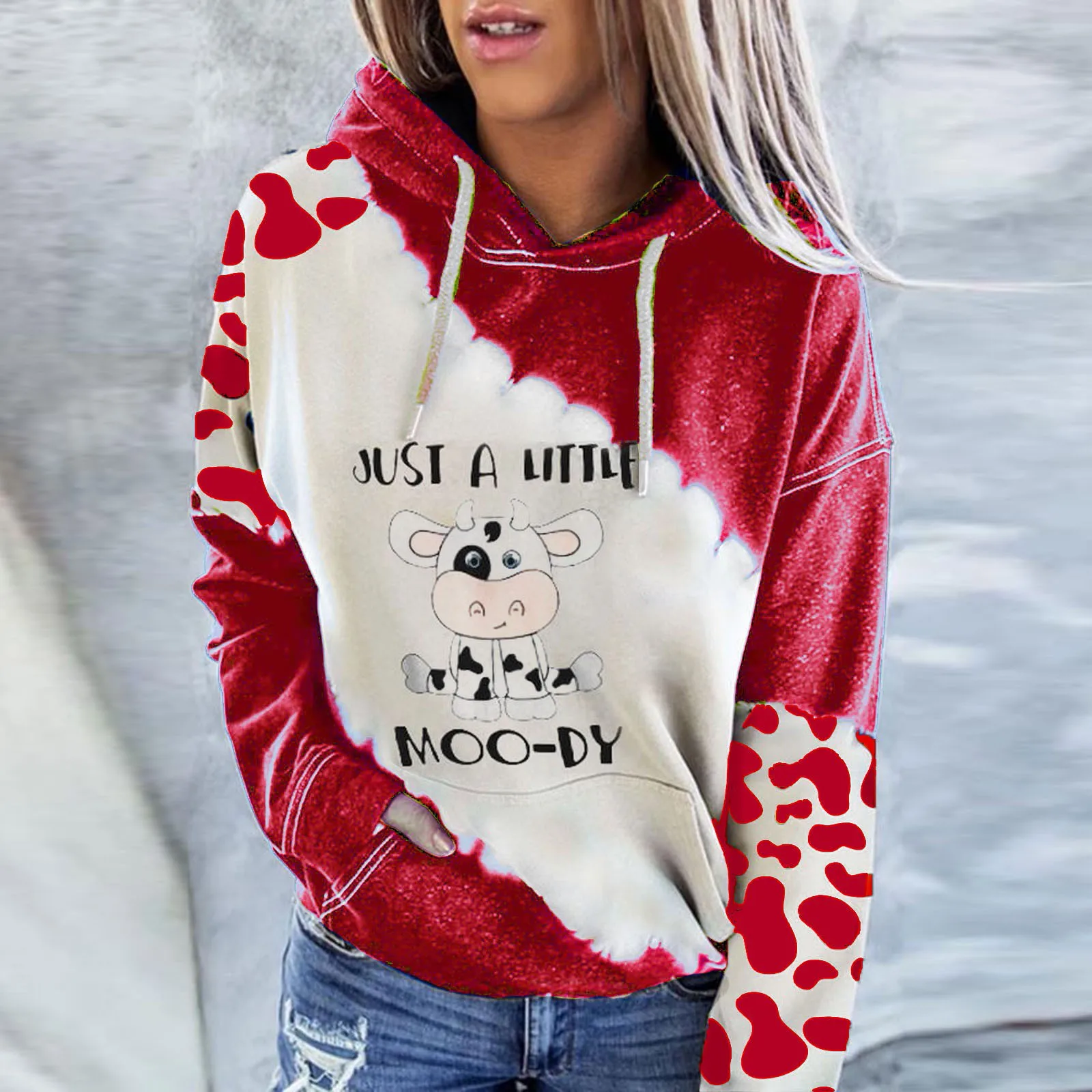 

Модный Женский свитшот с длинным рукавом, цветной блочный коровья печать, карманы, топ с капюшоном, рабочие короткие Базовые Женские топы