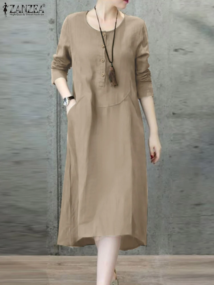 

Платье ZANZEA женское винтажное, стильный Однотонный сарафан с круглым вырезом и длинным рукавом, элегантное офисное платье оверсайз, весна