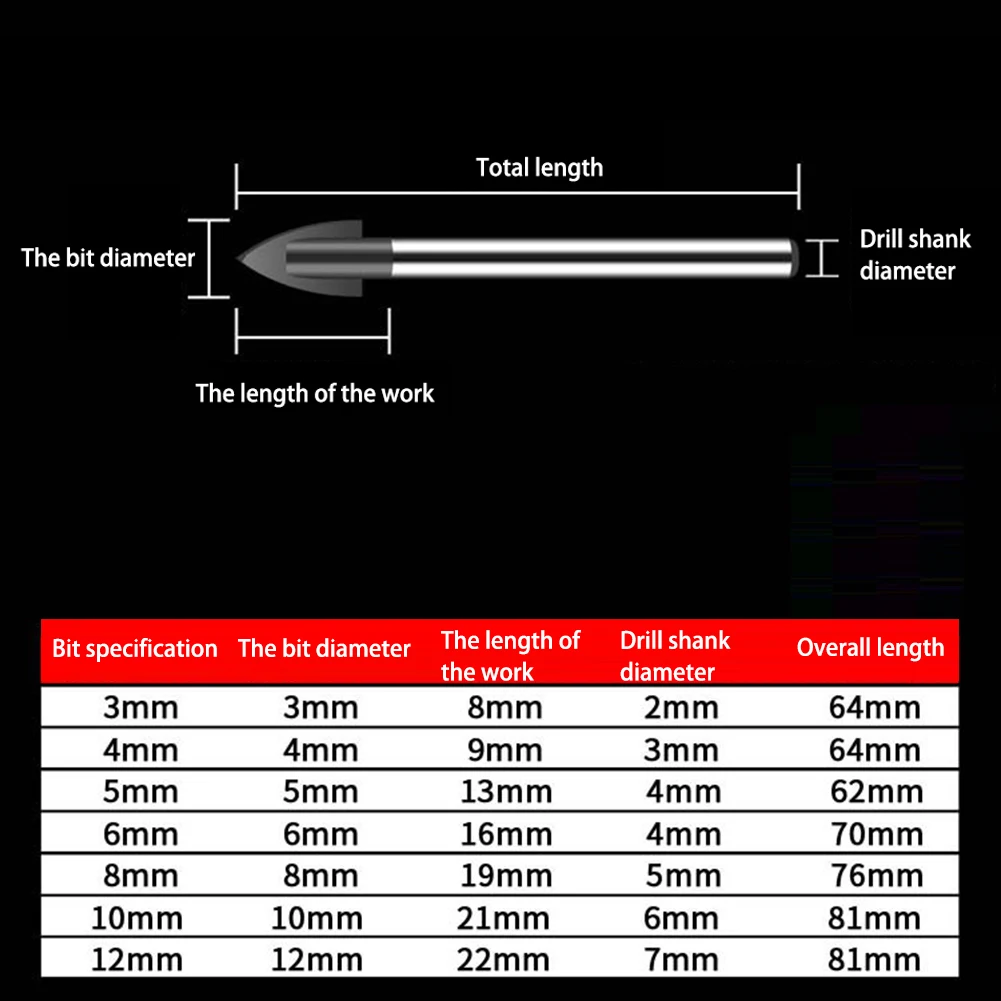 

3/4/5/6/8/10/12mm Glass Drill Bits Tungsten Carbide Tipped 64-83mm Tile Drill Bit Ceramic/Tile Cutter Power Tools Accessories