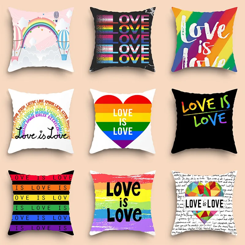 

Valentine's Day Rainbow Love Pillowcase Peach Skin Print Square Living Room Sofa Pillowcase Bedroom Decoration Cushion Cover