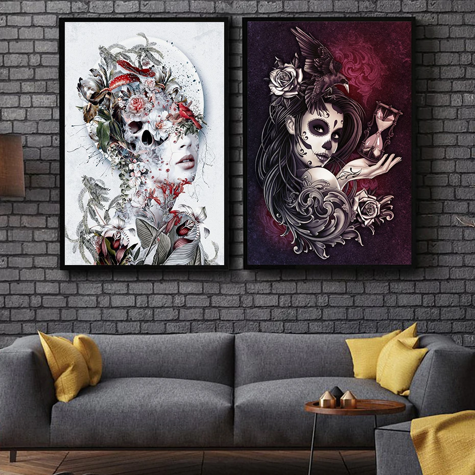 

Abstract Surrealism Canvas Painting Tattoo Crow Skeleton Tin Signs Wall Art For Bar Pub Club Home Wall Art Decor Metal Signs