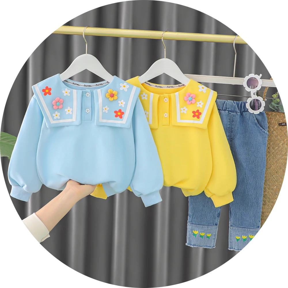 

Children Girl Sweatshirt Set 2022 Spring Autumn Long-Sleeved Flower Sweatshirt+Jeans Korean version Infant Baby Clothes Suit
