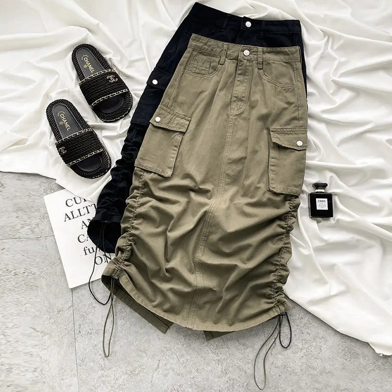 

Женская длинная юбка-карго с карманами, Повседневная прямая юбка средней длины с разрезом и высокой талией в Корейском стиле, уличная одежда Y2k на лето