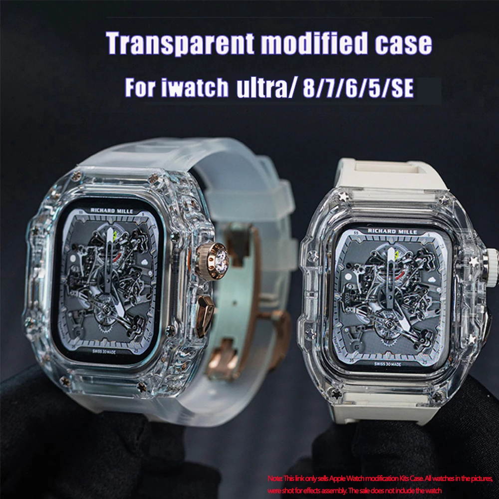For Apple Watch Luxury Transparent  Diamond Mod Kit  44mm 45mm 49mm  Fluororubber Strap for IWatch Series Ultra 8 7 6 5 SE