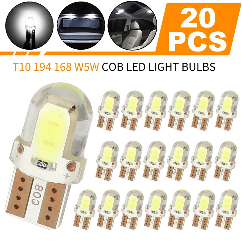 

20pcs T10 194 168 2825 W5w Led Interior License Plate Light Bulbs High Brightness Cob Chip Reading Light 6000K Bright White