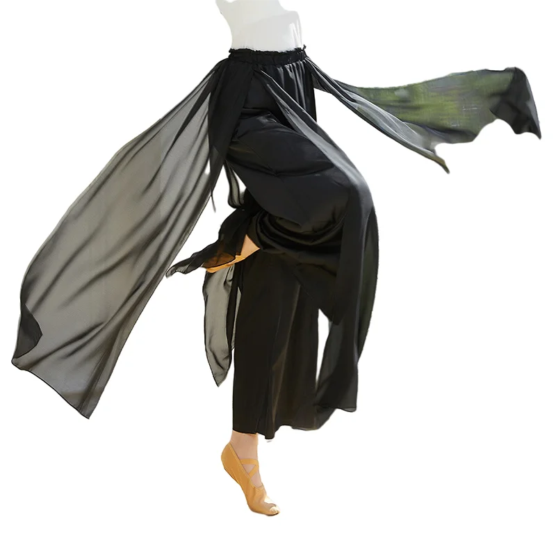 

Women Classic Dance Culottes Pant 2 Layers Chiffon Satin Flowy Skirt Body Rhyme Trousers Loose Long Design Folk Yangko Dancewear