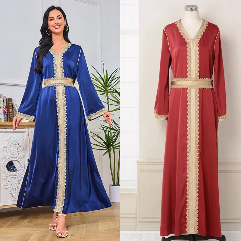 

Moroccan Elegant Women Abaya Muslim Long Maxi Dress Tape Trim Lace Gulf Jalabiya Caftan Dubai Kaftan Arabic Robe Belted Ramadan
