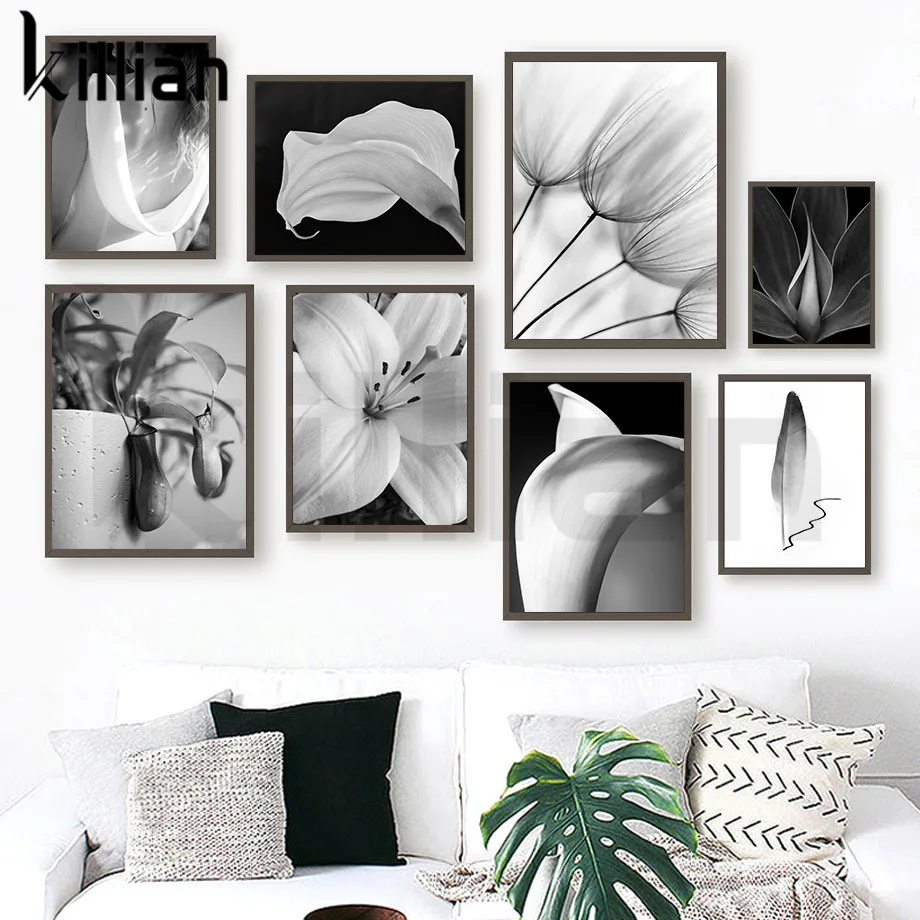 

Black Canvas Painting Dandelion Lily Leaves Flower Wall Art Nordic Poster Prints Wall Pictures Suitable for Living Room Decor