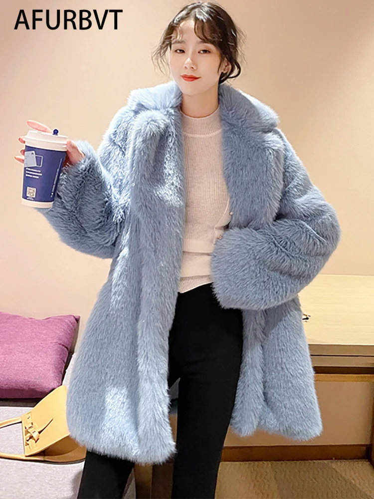 2022 New Women Winter Warm Faux Fur Coat Thick Women Middle -Long Overcoat Turn Down Collar Women Warm Female Casaco Feminino