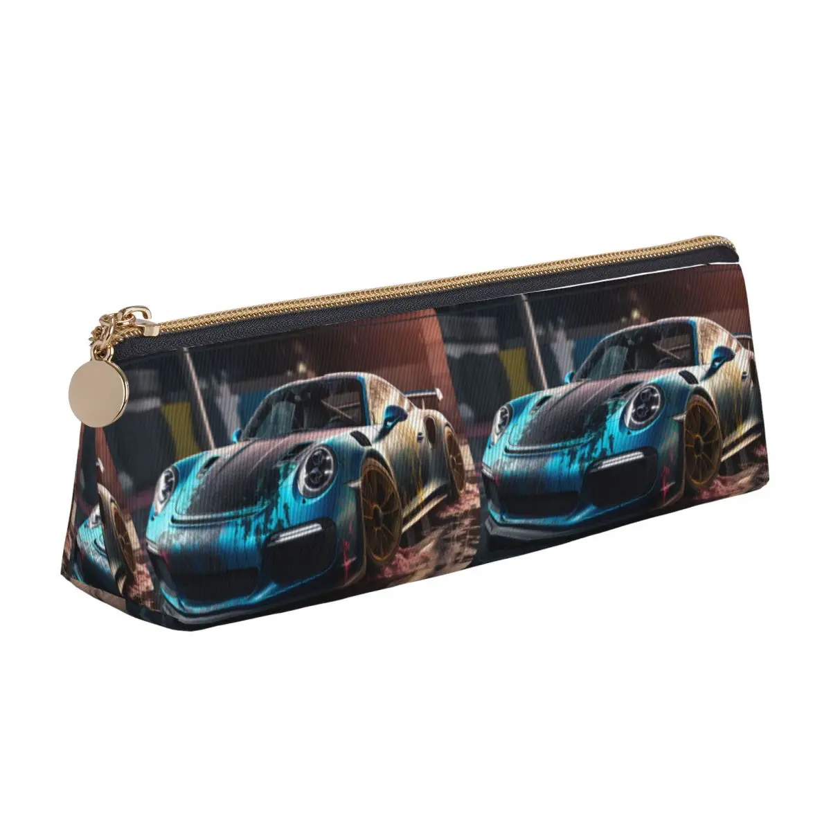 

Classic Sports Car Triangle Pencil Case Explosion Liquid Splash Back to School Zipper Pencil Box Teens Kawaii Leather Pen Bag