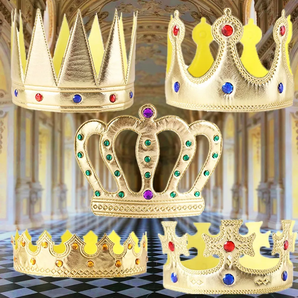 

Kids King Crown Headwear Hat Halloween Children Happy Birthday Props Golden Gorgeous Cloth Gem Cap Headdress Party Decor