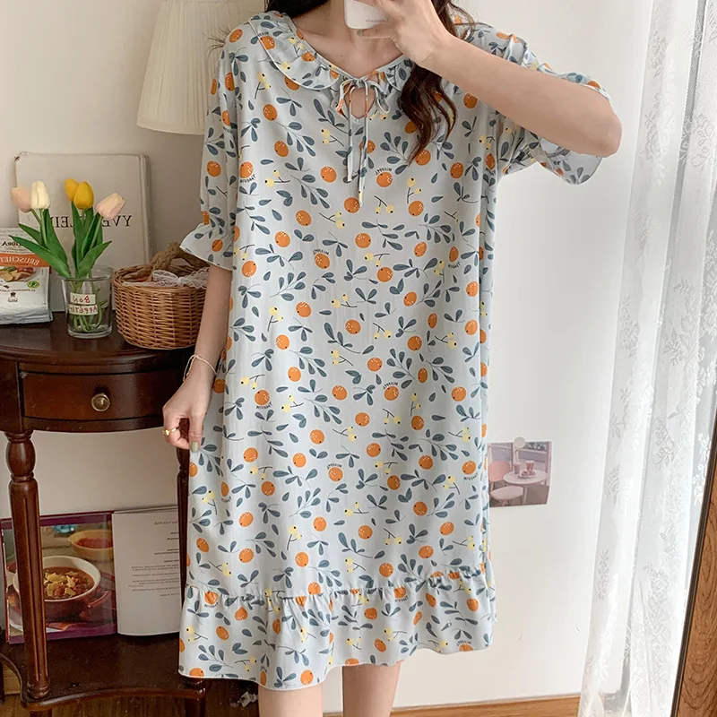 Cotton Short Sleeve Women Printing Nightgown Sleepdress Homedress Round Neck Loose Casual Loungewear Camicia Notte Donna Sexy