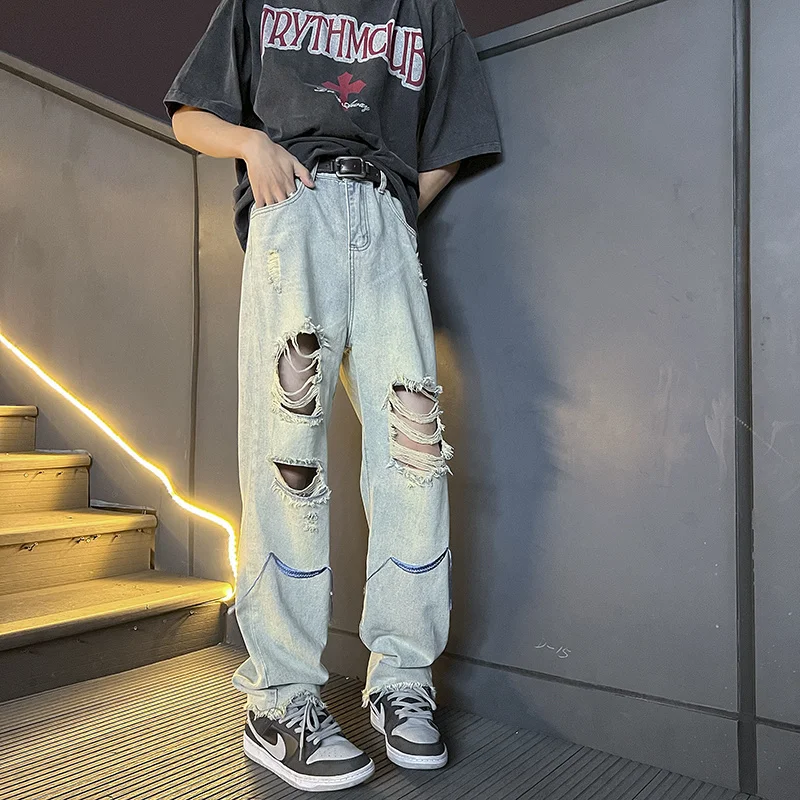 Baggy Ripped Jeans Men Fashion Retro Casual Straight Jeans Men Japanese Streetwear Hip-hop Loose Hole Denim Pants Mens Trousers