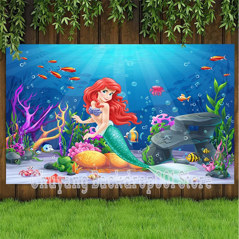 

Disney Little Mermaid Ariel Birthday Photography Backdrop Kids Girls Princess Under The Sea Photo Background Photocall Prop