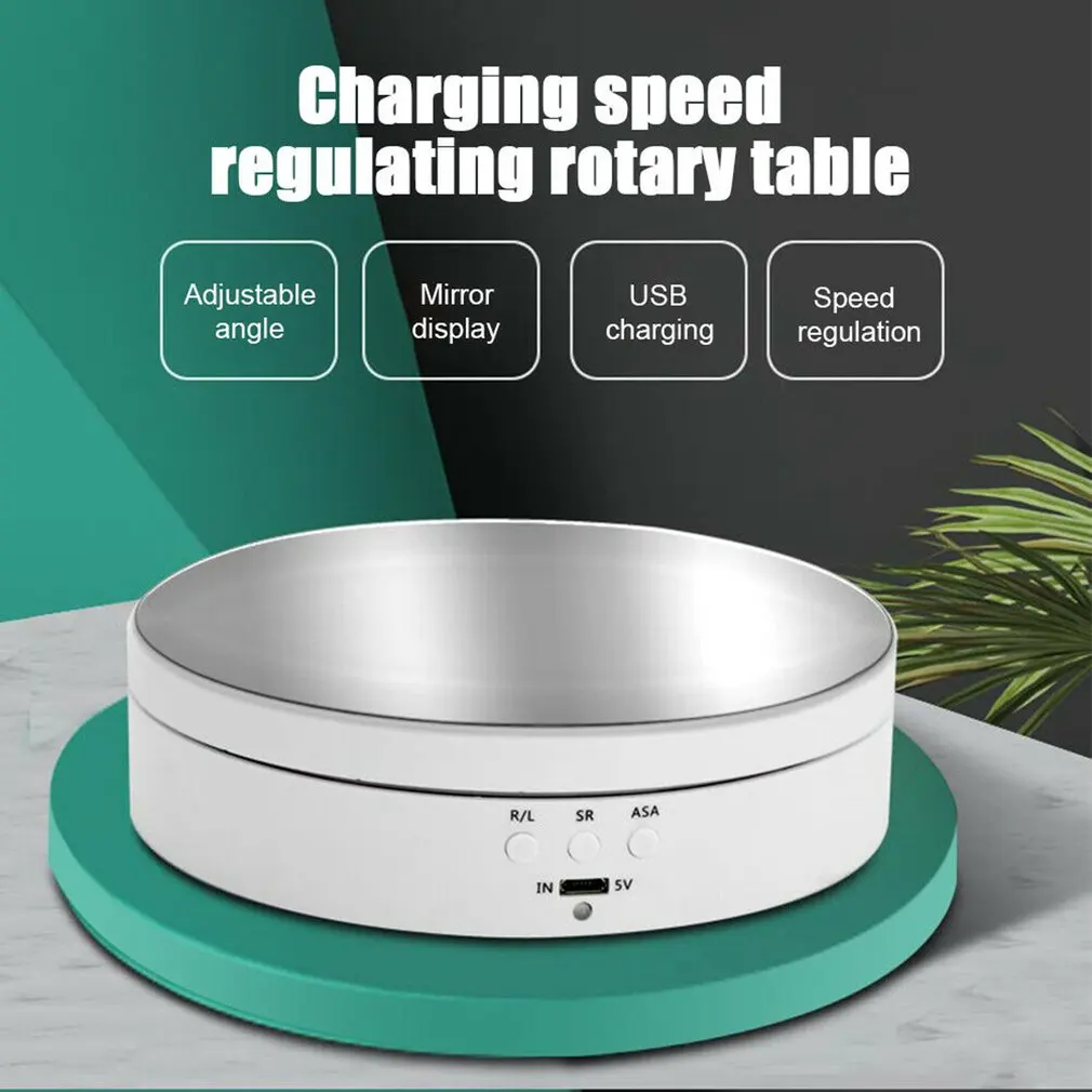 3 Speeds Electric Rotating Display Stand Mirror Turntable Jewelry Holder Platform Battery USB Power 360° Angle Adjustment