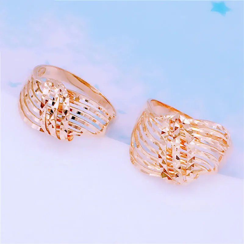 

14K rose gold 585 purple gold fashion luxury charm geometric wavy wide version hollow craft opening rings for women