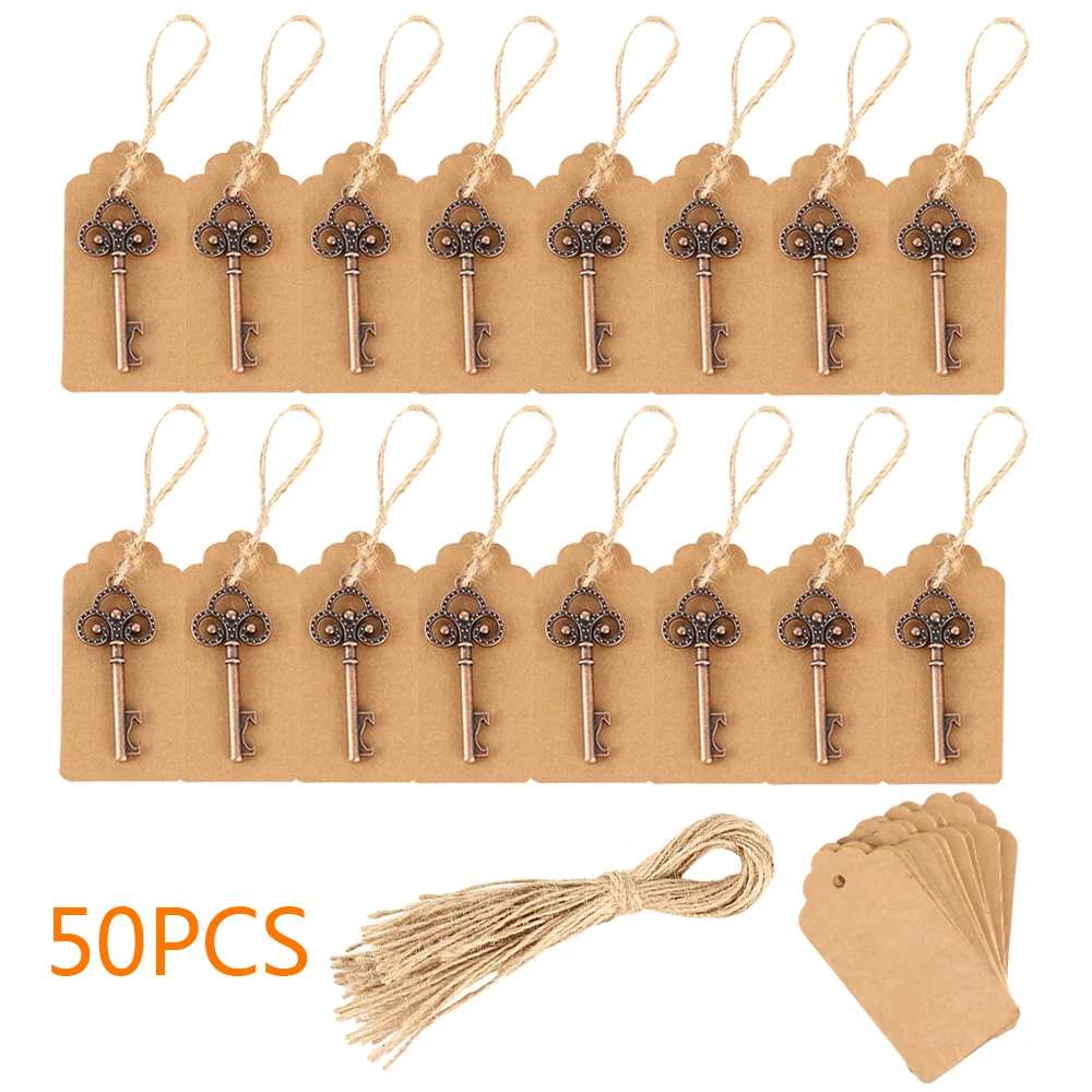 

50pcs Wedding Souvenirs Skeleton Bottle Opener + Tags vintage Wedding Favors and Gifts for Guest Party decoration Favors box