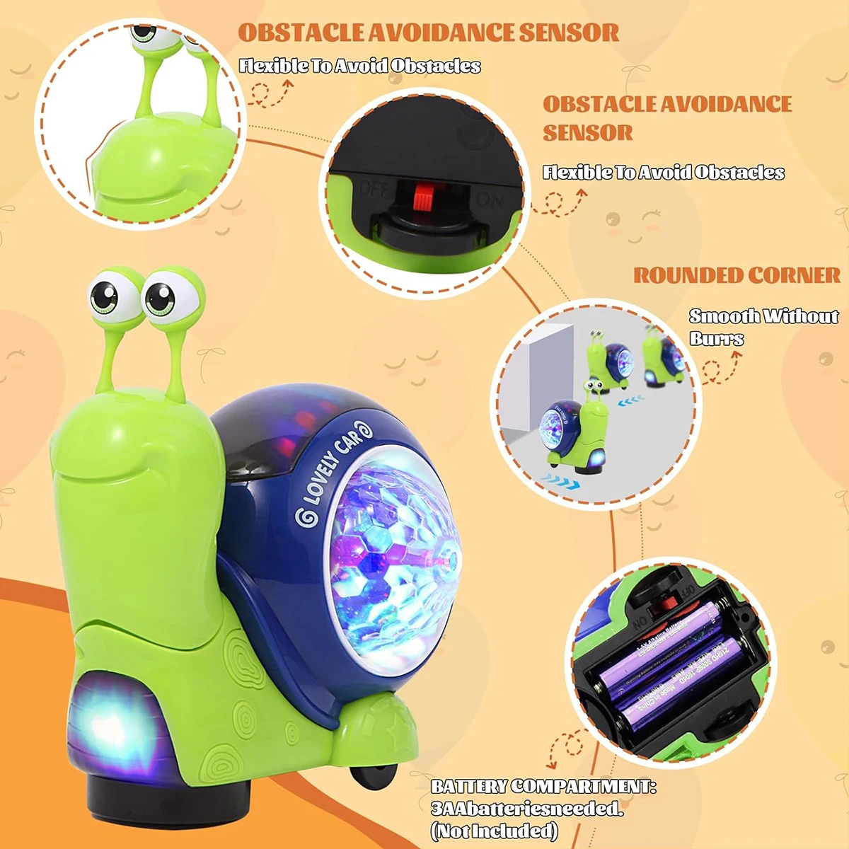 1PC Crawling Snail Baby Toy Walking Tummy for Babies Interactive Musical Light up Toys (Green snail)