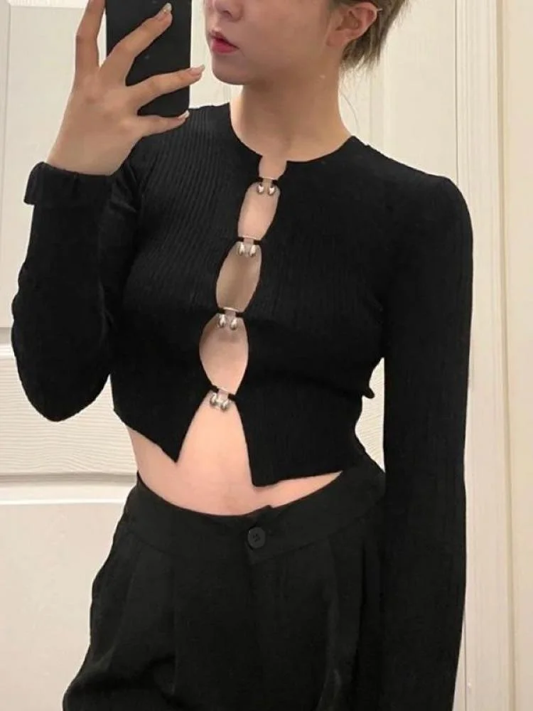 

2022 Spring T Shirt Women Clothes Long Sleeve Hollow Out Crop Tops Slim Irregular Ladies Tops Streetwear Korean Style Y426