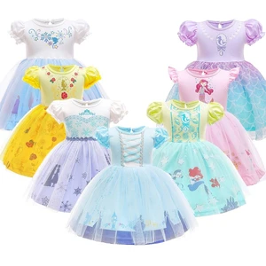 2021 Summer Elsa Anna Belle Cinderella Mermaid Girl Princess Costume Kids Casual Clothing Children Cartoon Ruffle Tulle Dress
