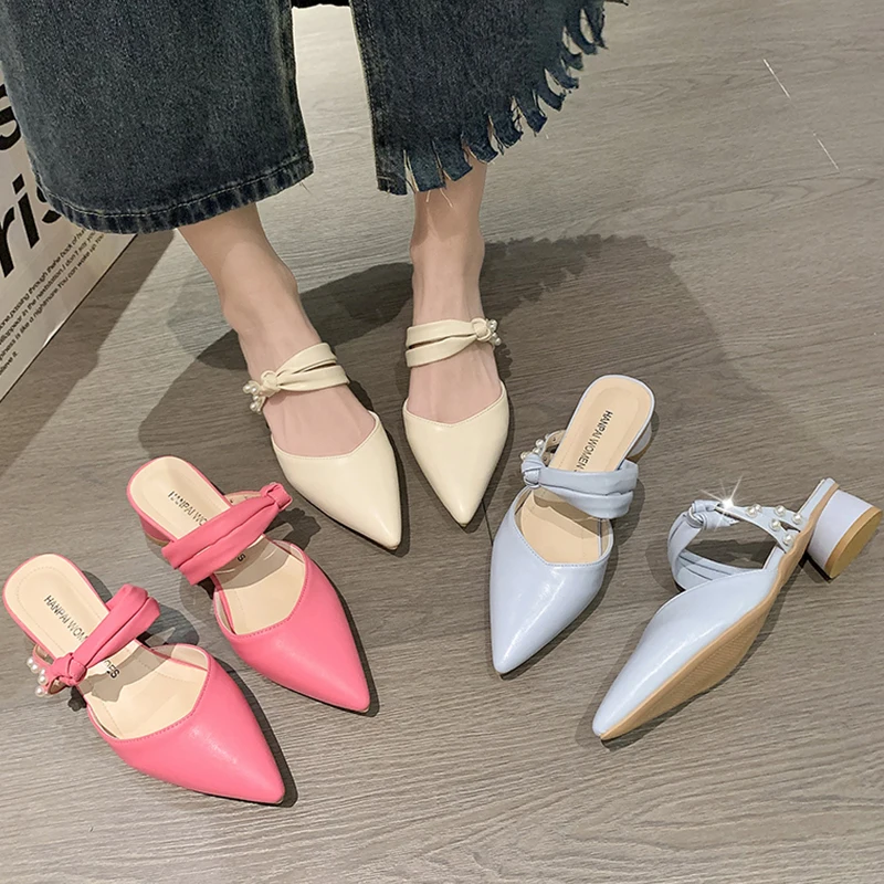 Pearl Pointed Toe Women's Mules Sexy Square Heeled Mules Slippers Women Sandals 2023 New Korean Trend Outdoor Pink Party Shoes