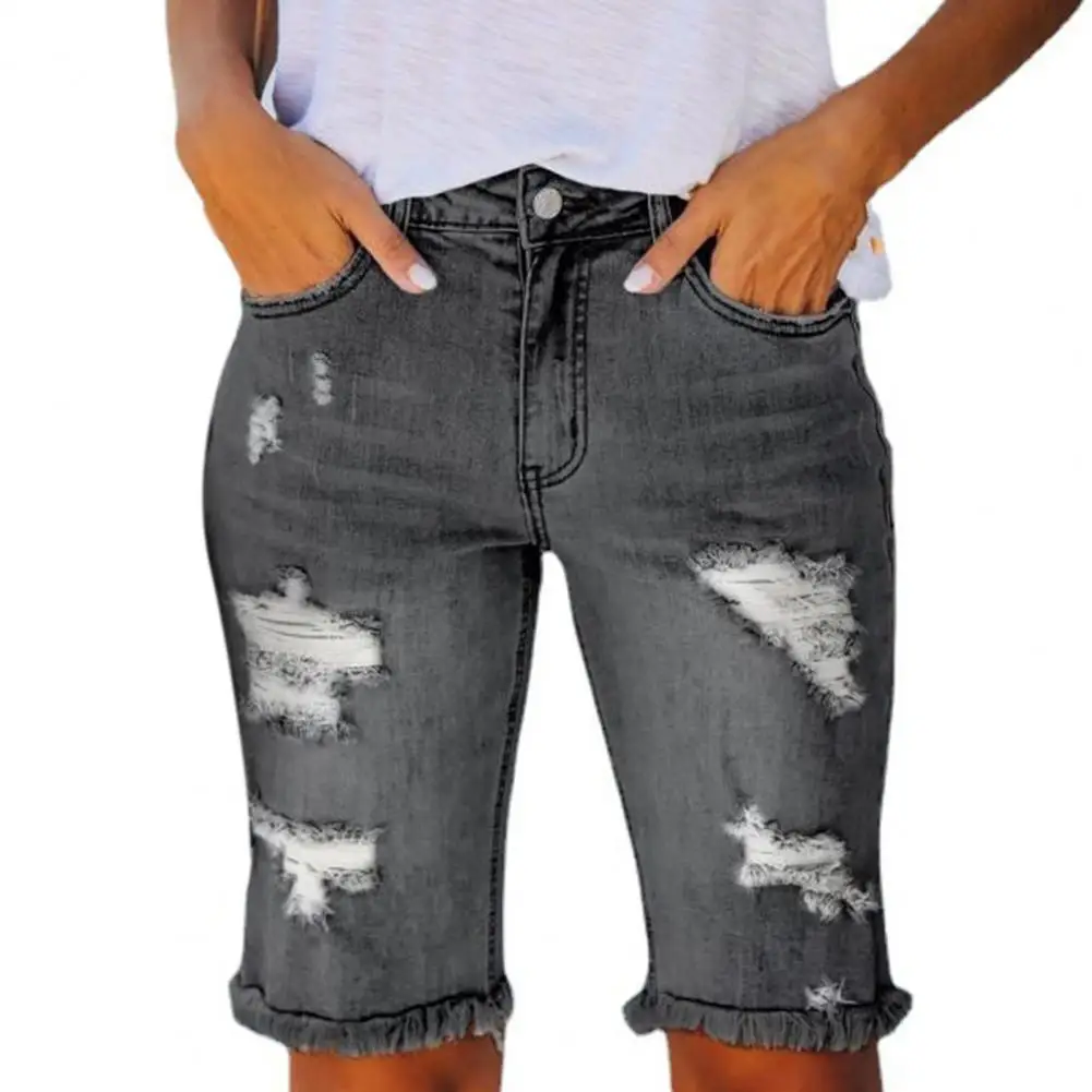 

pantalones de mujer 2022 Denim Shorts Woman Fashion Solid Color Ripped Summer Burr Edge Knee Length Jeans Shorts for Daily Wear