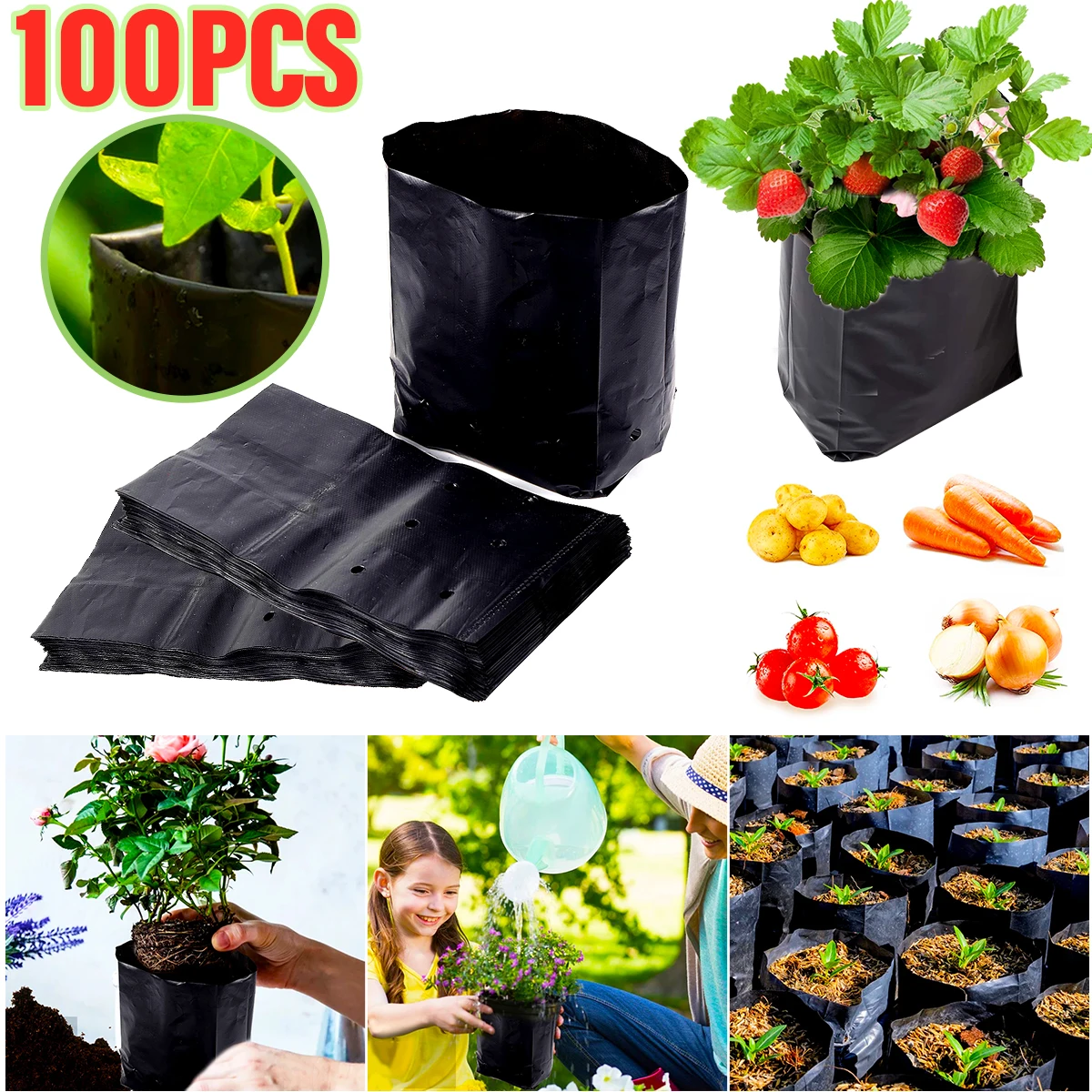

100PCS PE Plastic Nursery Bags Plant Grow Bag with Breathable Hole Seedling Pots Bonsai Planting Bags for Vegetable Fruit Flower