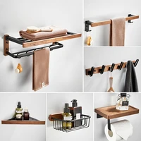 walnut wood black bathroom hardware set towel rack toilet paper holder towel bar robe hook shelf bathroom accessories
