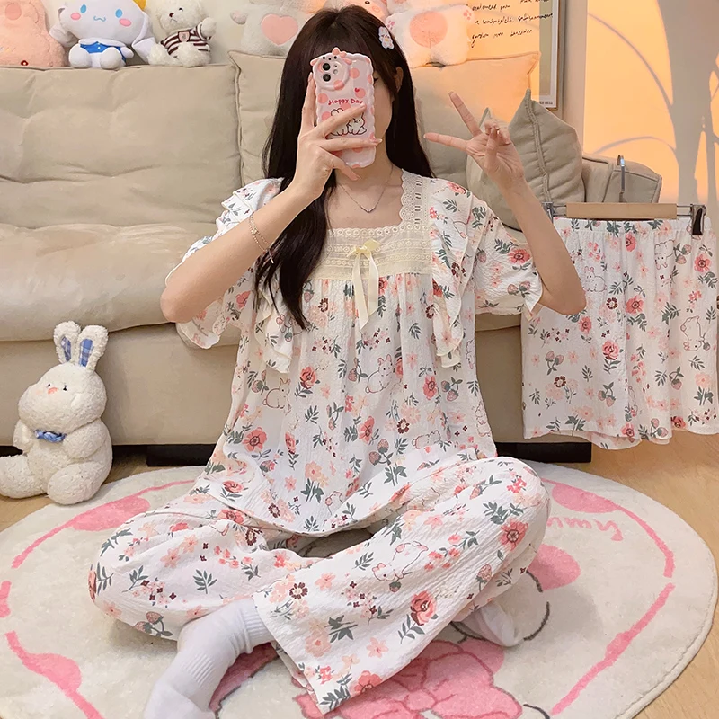 

Летняя Милая пижама из трех предметов для женщин Хлопковая пижама из пузырьков одежда для сна с коротким рукавом корейский принт тюльпана Д...