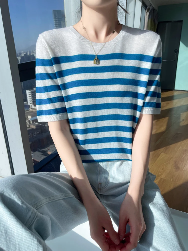 Полосатый цвет круглый вырез весна и лето новинка 80 шт. камвольная 00 из чистой