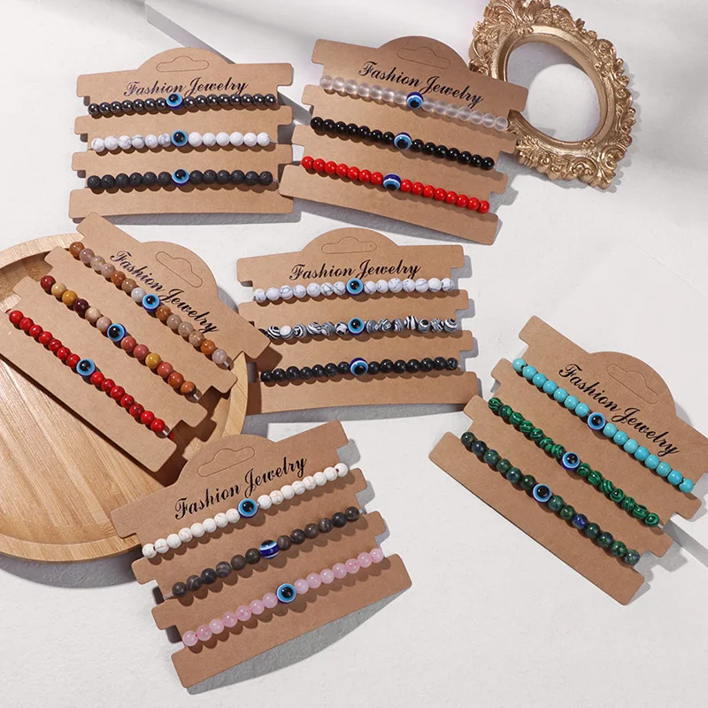 

Cool Natural Stone Beaded Bracelets 3Pcs/Set Evil Eye Elastic Rope Bracelets Turquoise Onyx Agates Bracelet For Women Men Gifts