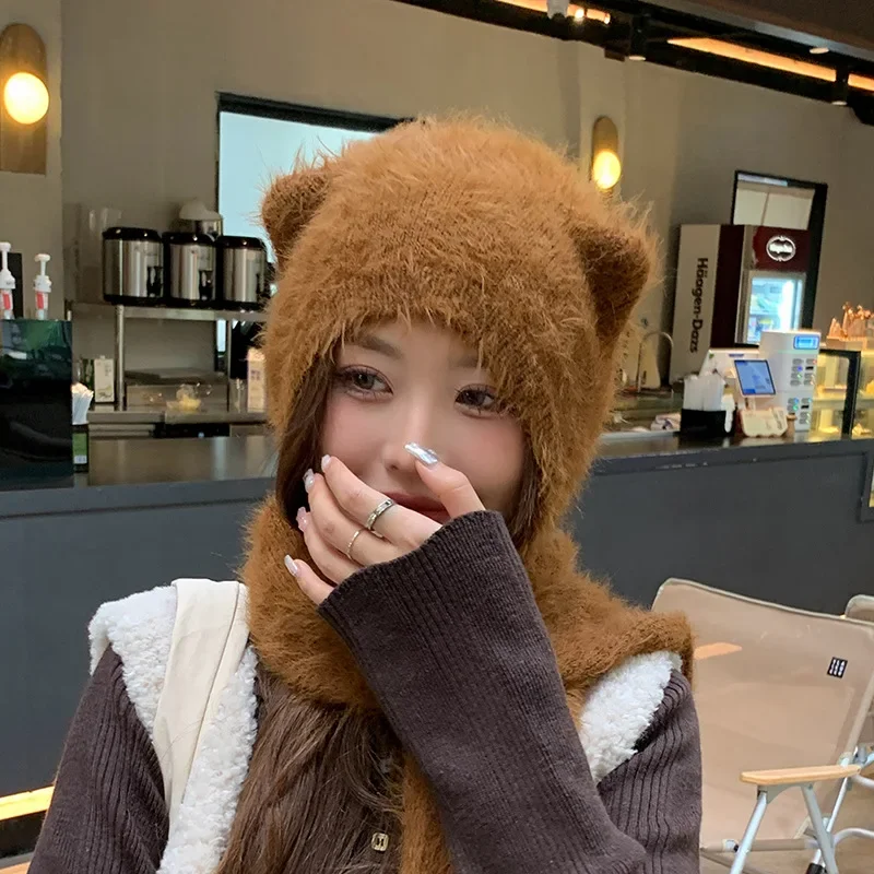 Шерстяная Шапка Bear Ears Женская осенне-зимняя трикотажная шапка с фонариком и