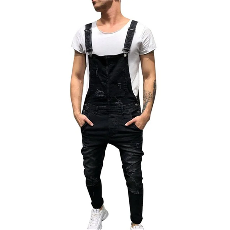 

2022 Newest Men Baggy Jeans Suspender Pants Ripped Solid Distressed Ankle Length Bib Overalls Jumpsuits Trousers Cargo