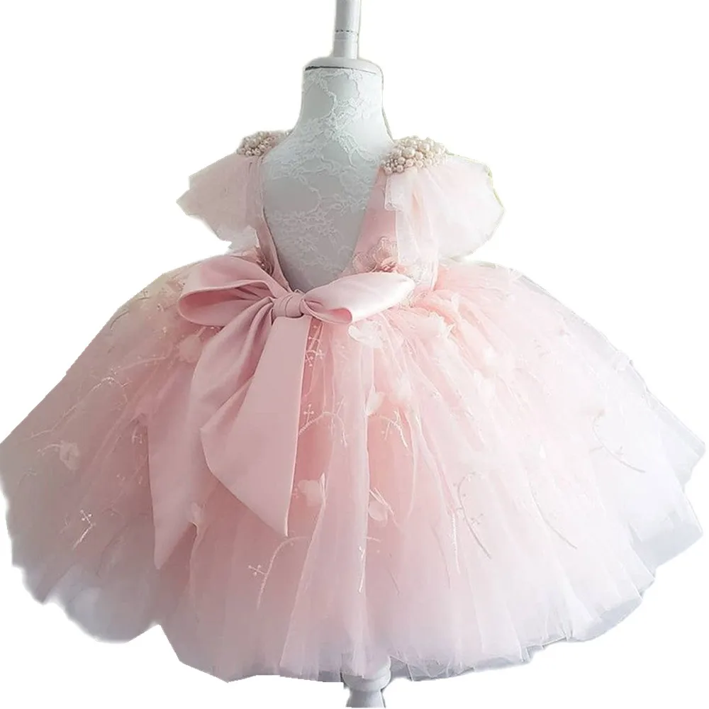 

Princess Ball Gown Flower Girl Dress Beaded Ivory Lace Pink Tulle Ruffle Sheer Neck Girls Pageant Gown Birthday Dress