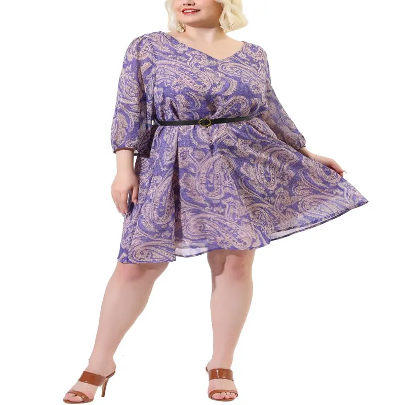 

Стильные шифоновые платья с цветочным поясом и рукавом 3/4, женственный и милый образ, Элегантный и изящный дизайн.